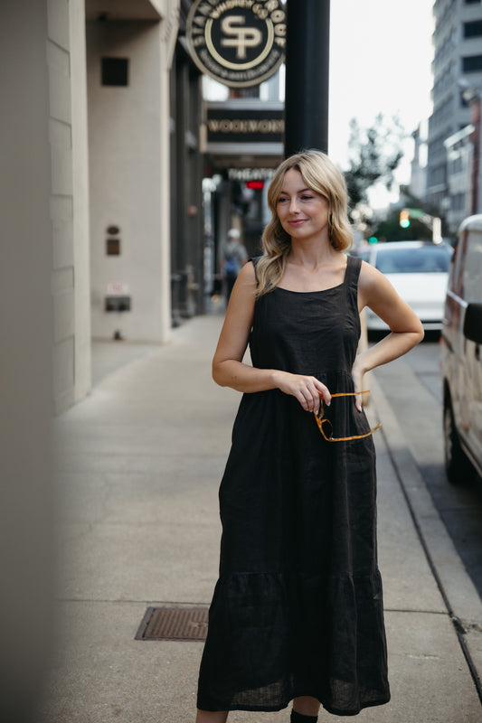 Long Lena Tiered Linen Dress in Dark Brown