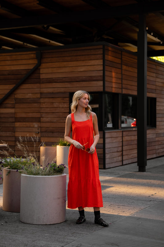 Long Lena Tiered Linen Dress in Blood Orange - M Left