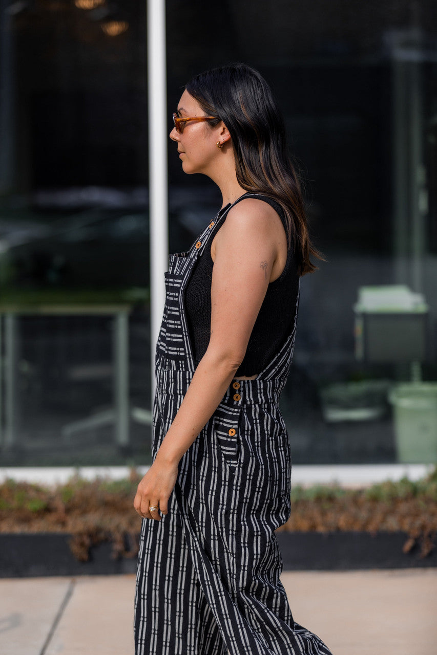 Dilsi Handwoven Cotton Overalls in Black and White - XS and XL Left