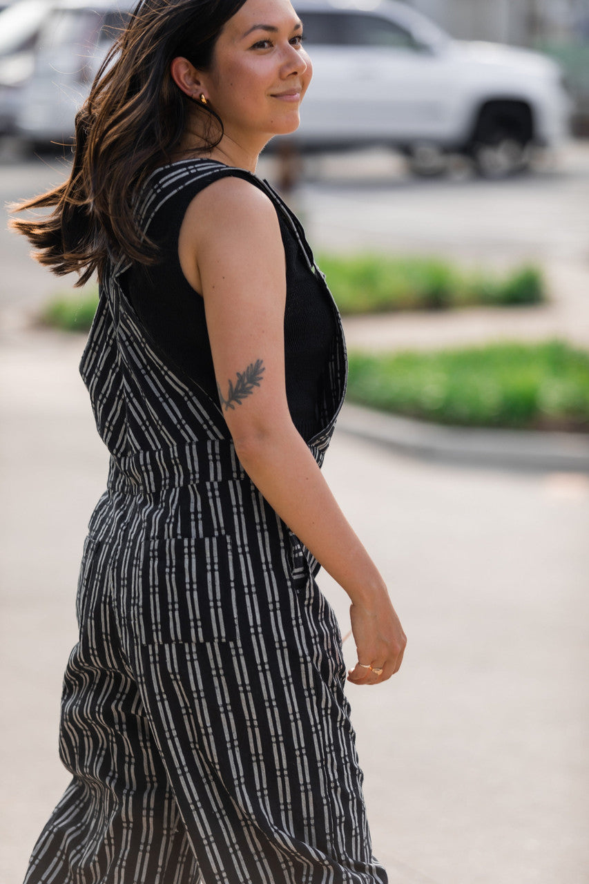 Dilsi Handwoven Cotton Overalls in Black and White - XS and XL Left