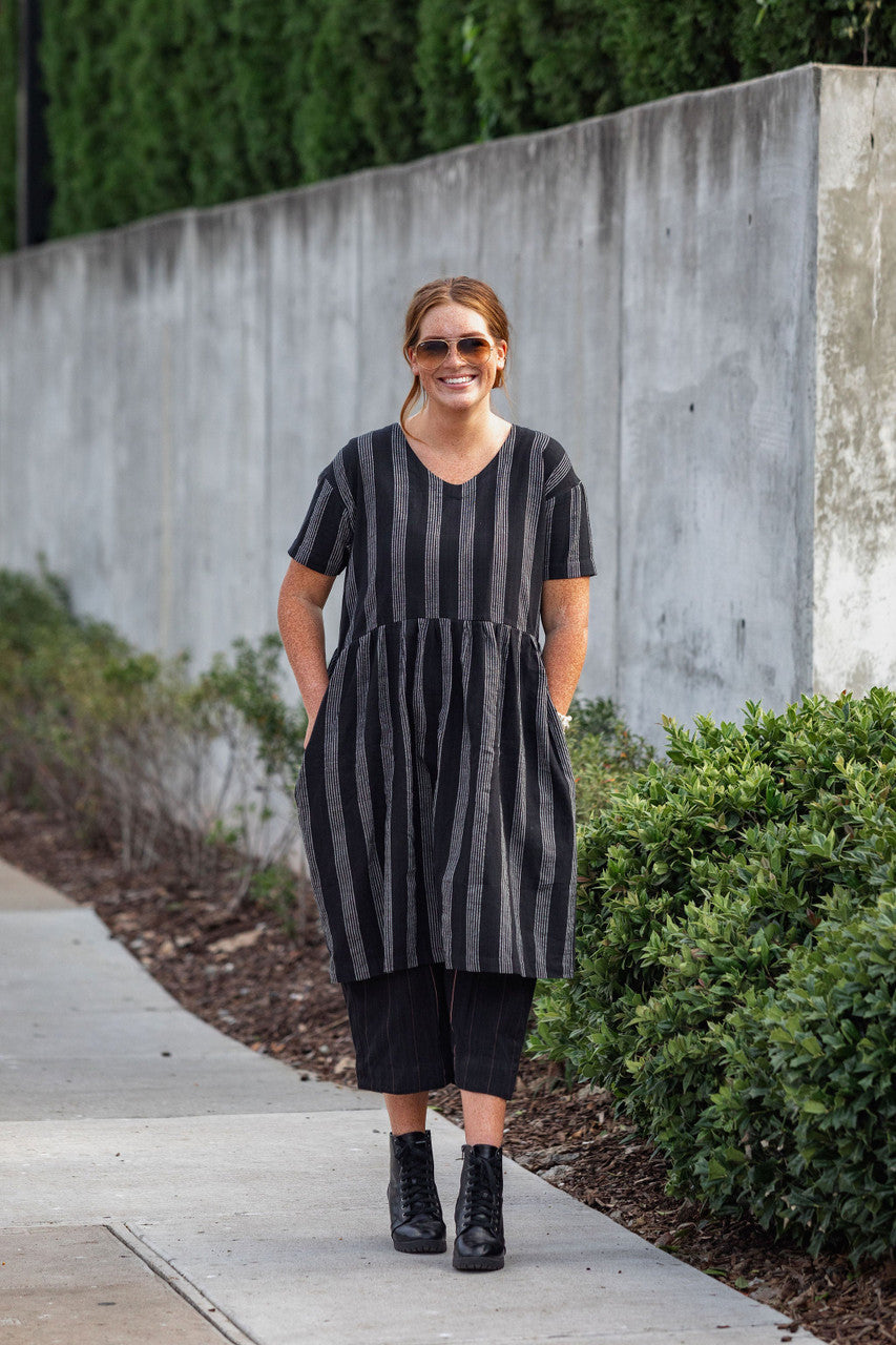 Eloise Handwoven Cotton Dress in Black and White Stripe