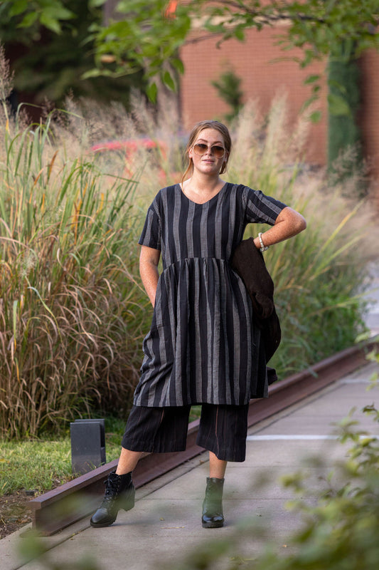 Eloise Handwoven Cotton Dress in Black and White Stripe Made to Order