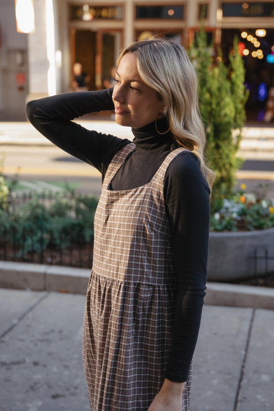 Long Lena Tiered Dress in Beige Plaid