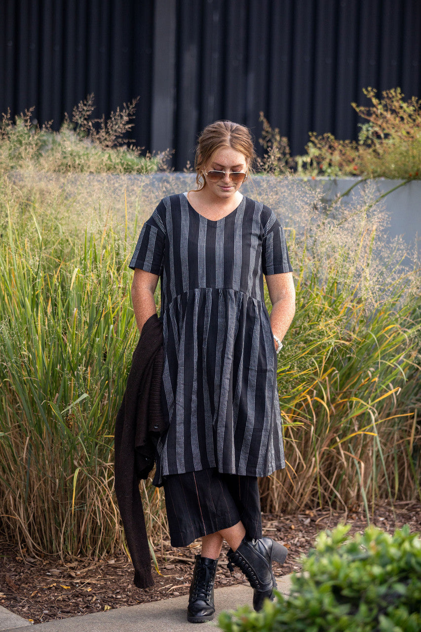 Eloise Handwoven Cotton Dress in Black and White Stripe