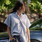 Paige Handwoven Cotton Relaxed Shirt Dress in Blue and White Pin-Stripe Made to Order