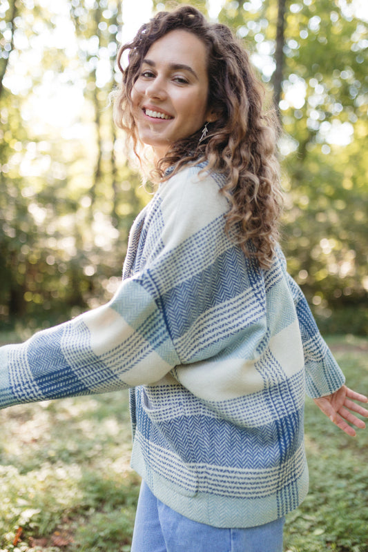 Portuguese Wool Pieper Coat in Cream and Blue Plaid Made to Order