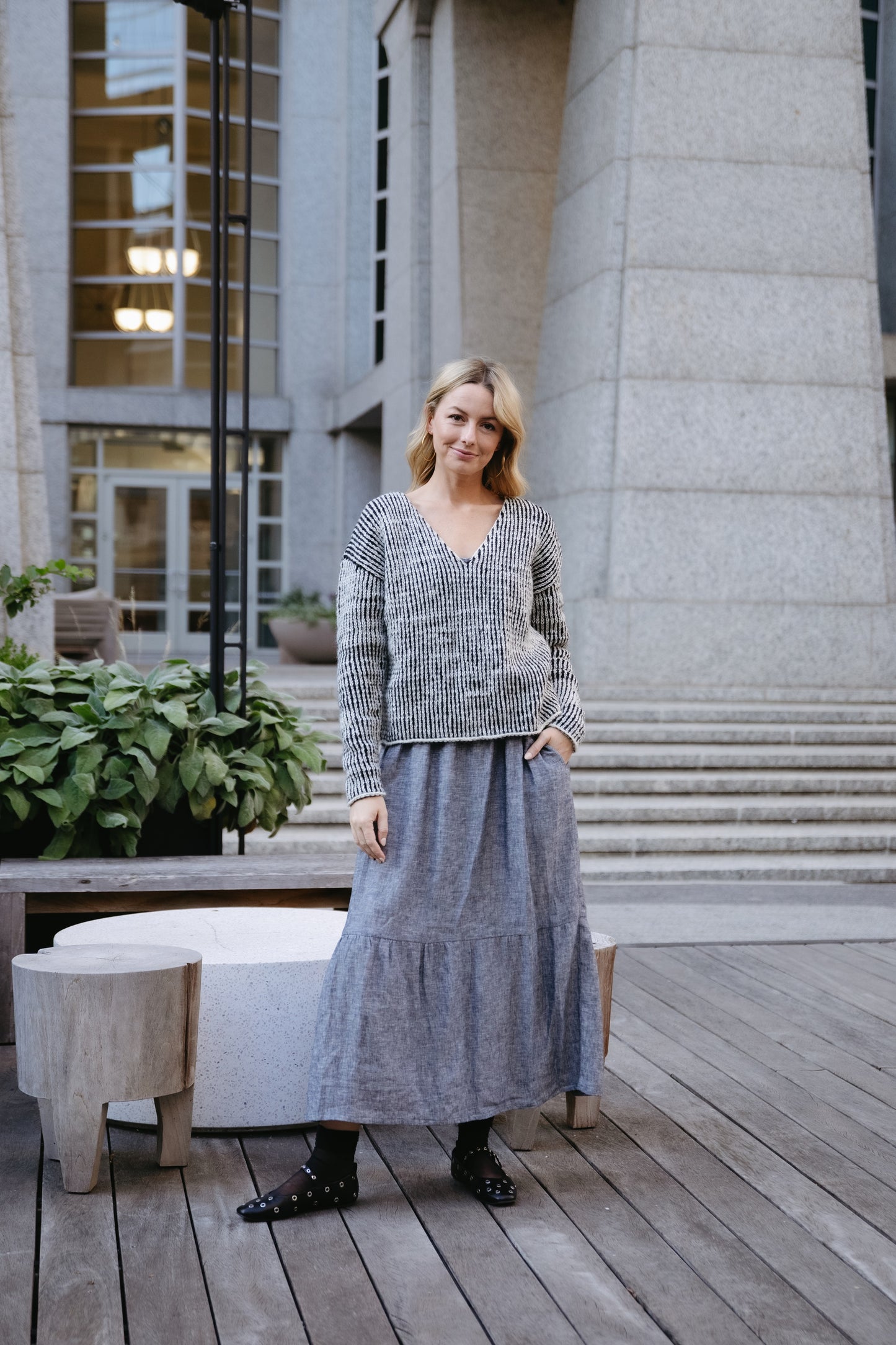 Long Lena Tiered Linen Dress in Chambray Denim Linen - Pre-Order 2/30