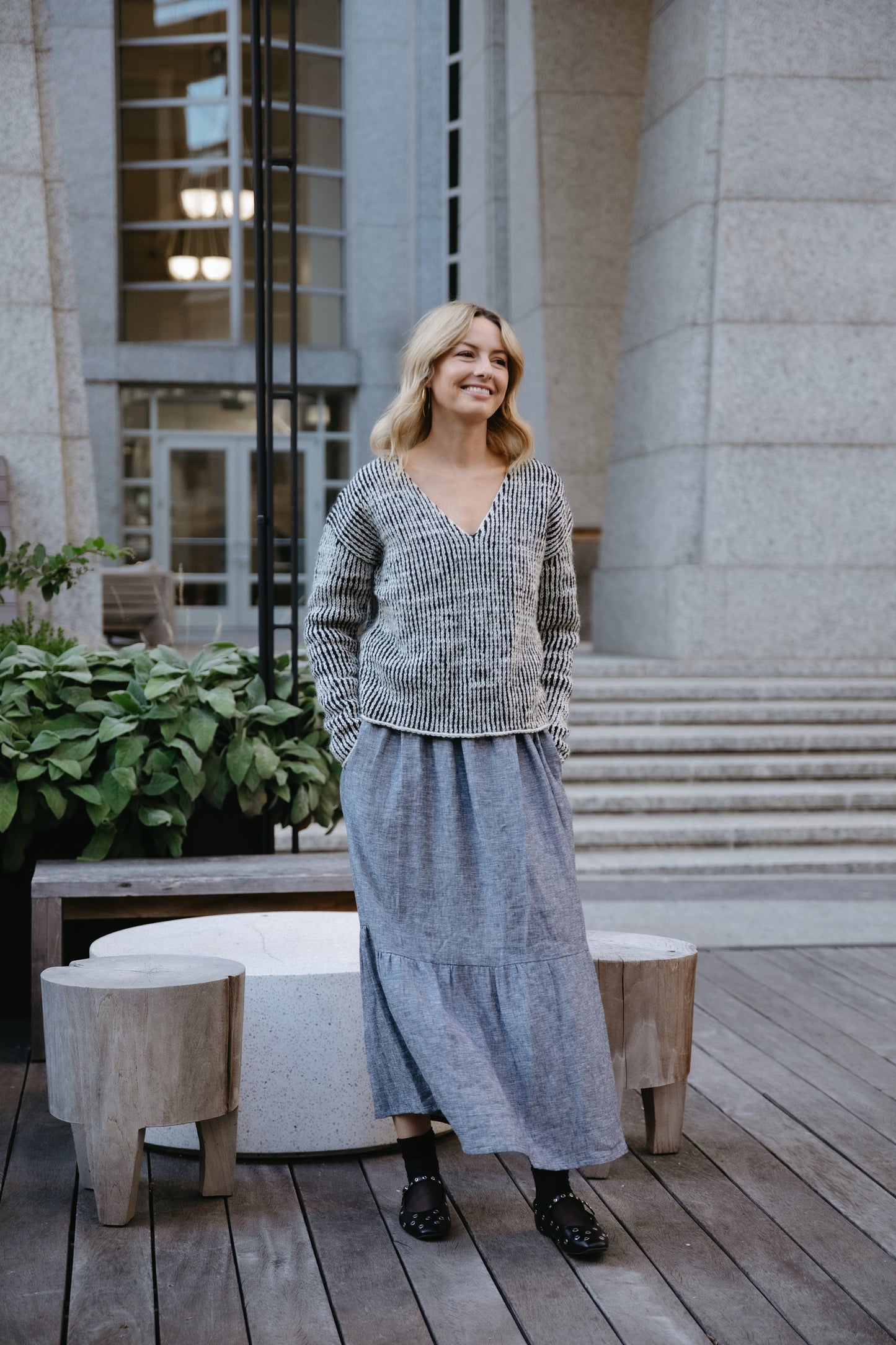 Long Lena Tiered Linen Dress in Chambray Denim Linen - Pre-Order 2/30