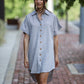 Paige Handwoven Cotton Relaxed Shirt Dress in Blue and White Pin-Stripe Made to Order