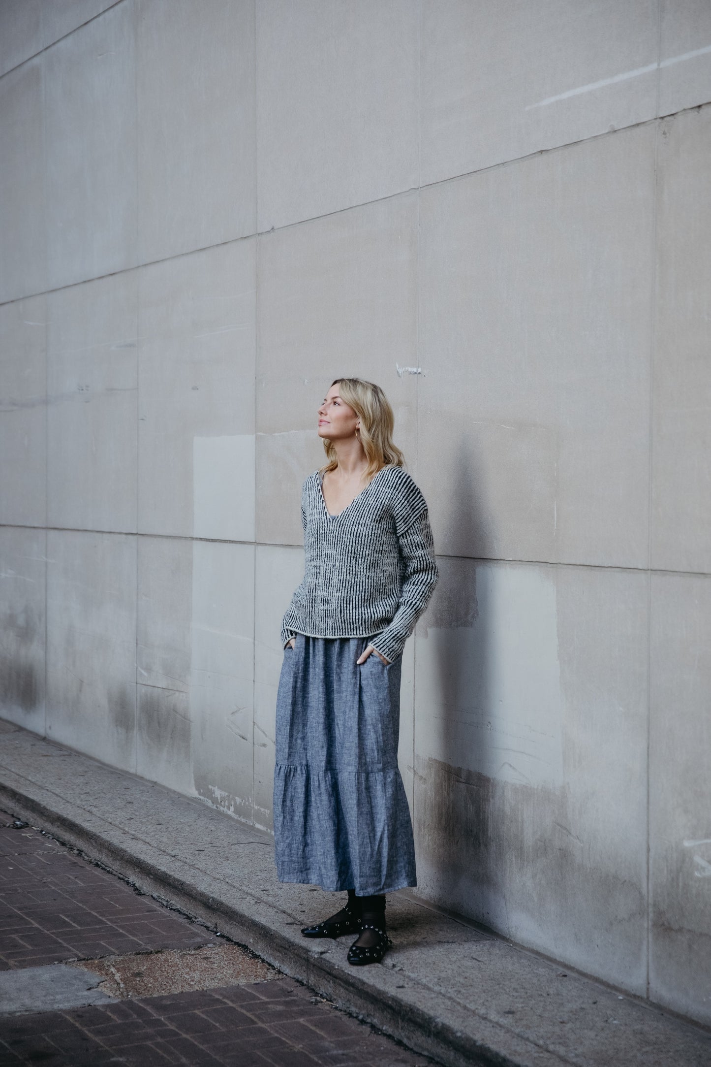 Long Lena Tiered Linen Dress in Chambray Denim Linen - Pre-Order 2/30