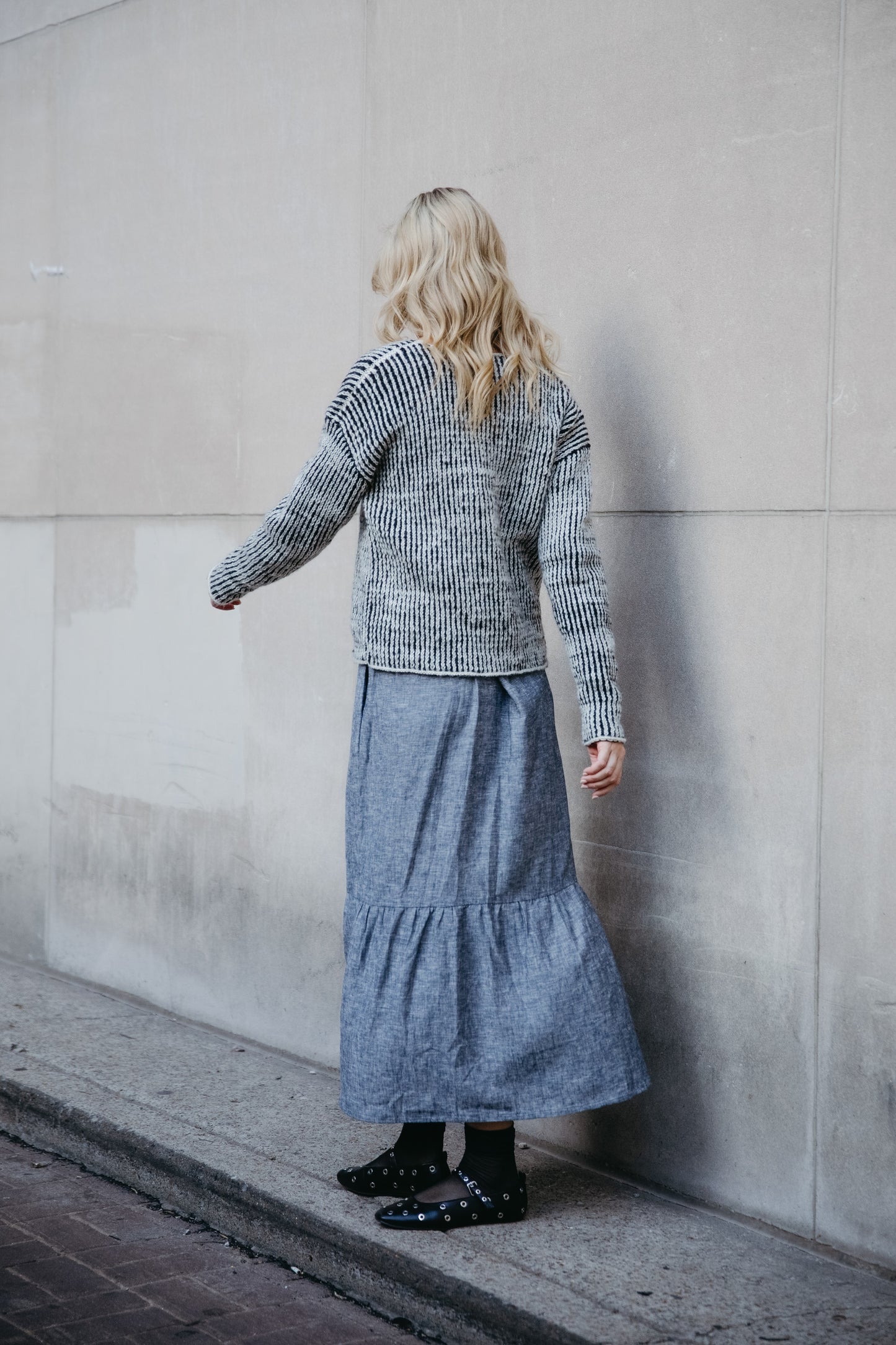 Long Lena Tiered Linen Dress in Chambray Denim Linen - Pre-Order 2/30