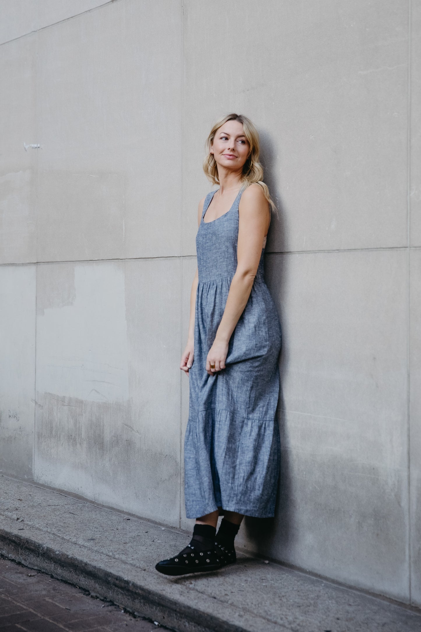 Long Lena Tiered Linen Dress in Chambray Denim Linen - Pre-Order 2/30