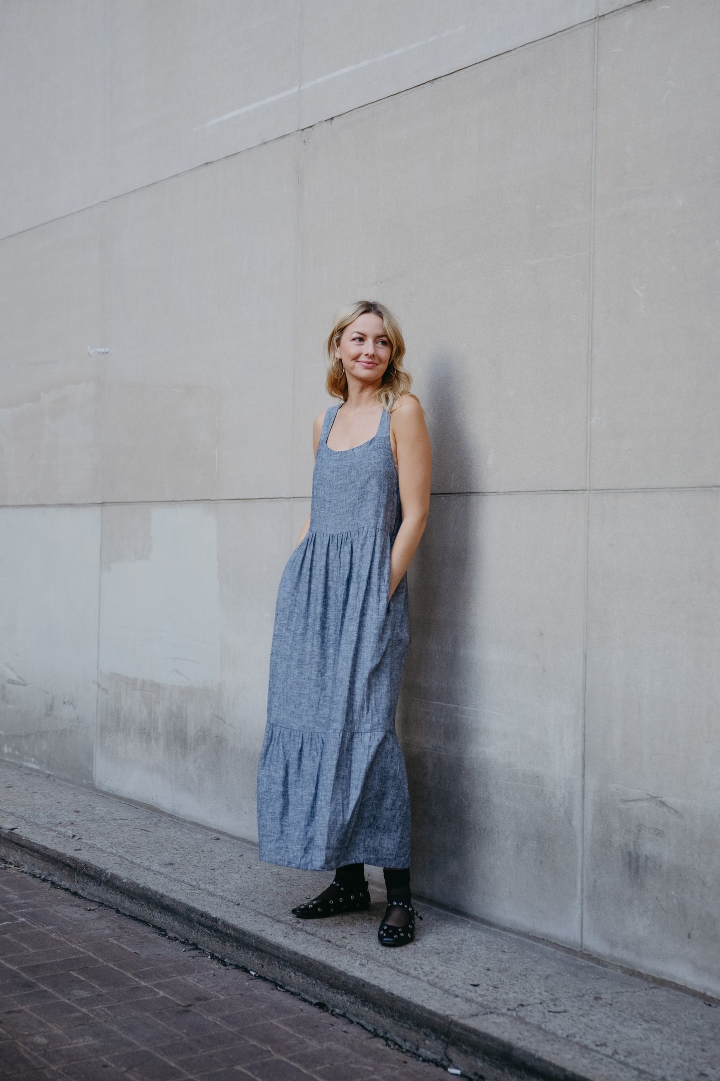 Long Lena Tiered Linen Dress in Chambray Denim Linen - Pre-Order 2/30