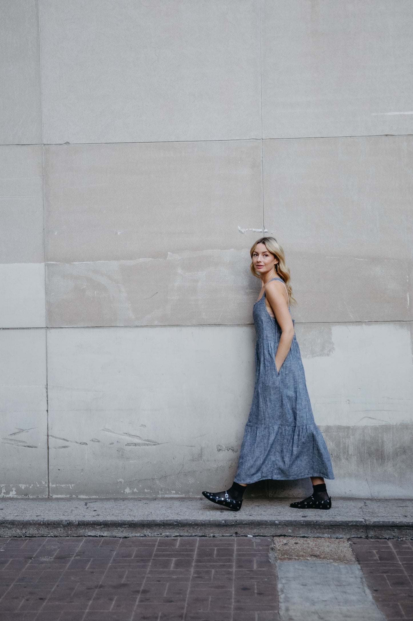 Long Lena Tiered Linen Dress in Chambray Denim Linen - Pre-Order 2/30