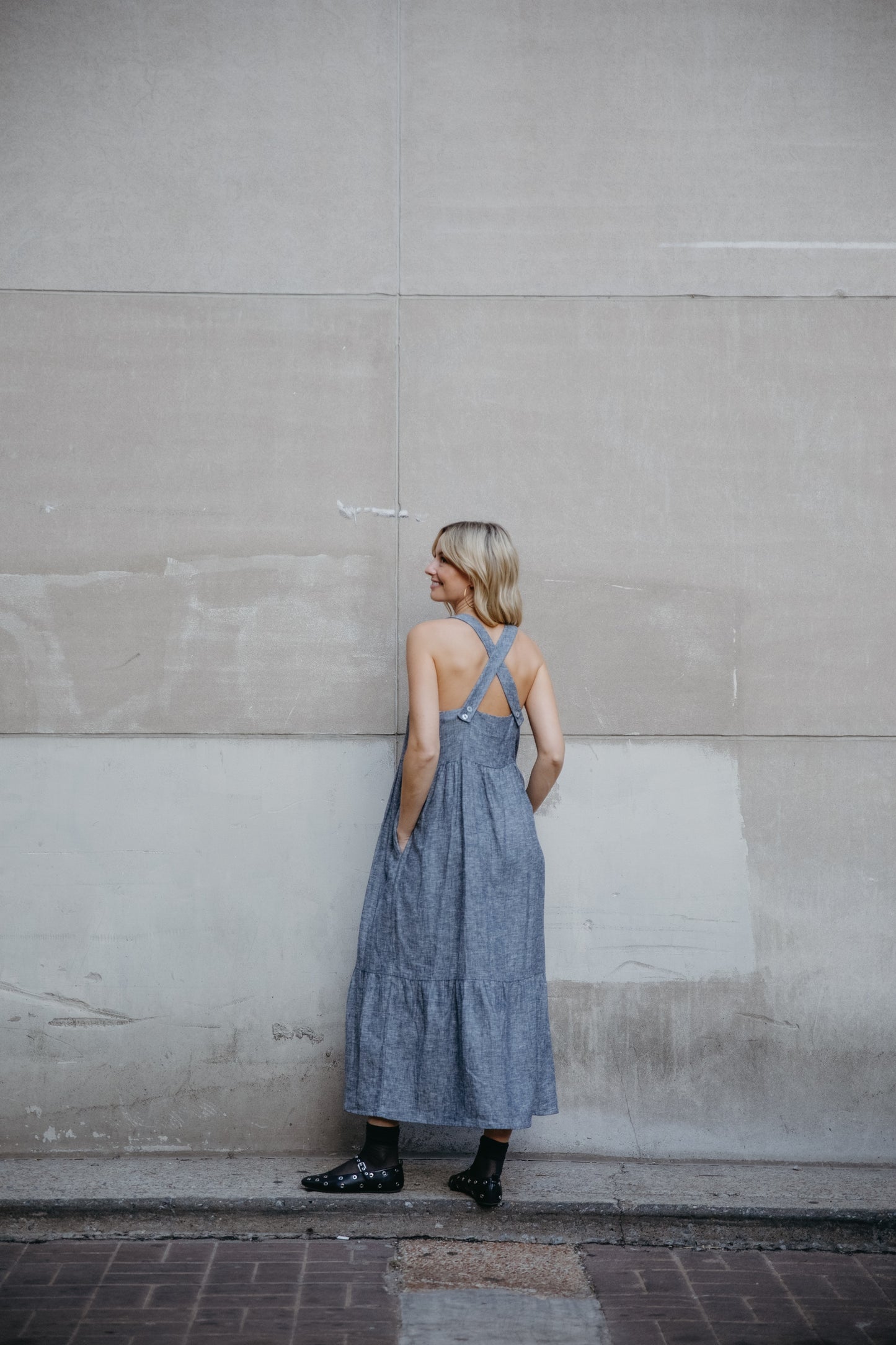 Long Lena Tiered Linen Dress in Chambray Denim Linen - Pre-Order 2/30