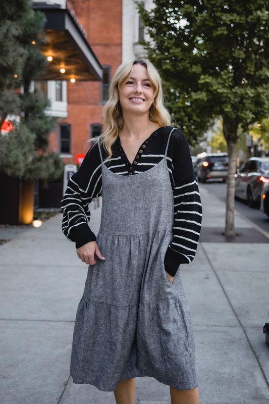 Lena Tiered Linen Dress in Chambray Denim Linen