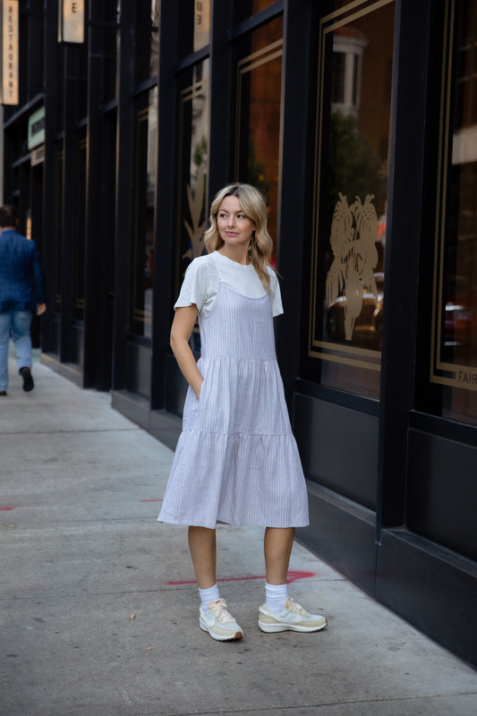 Lena Tiered Linen Dress in Beige and White Stripe