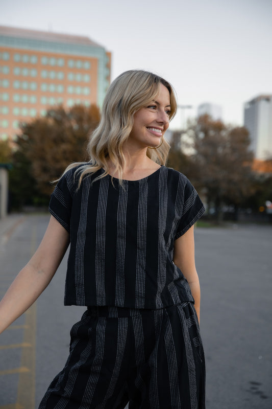 Katie Handwoven Cotton Set in Black and White Stripe