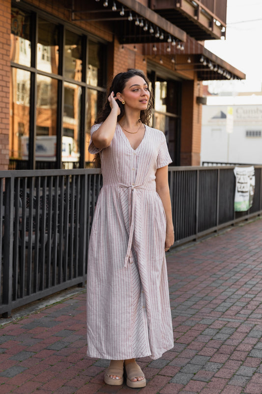 June Dress in Red and White Striped Linen
