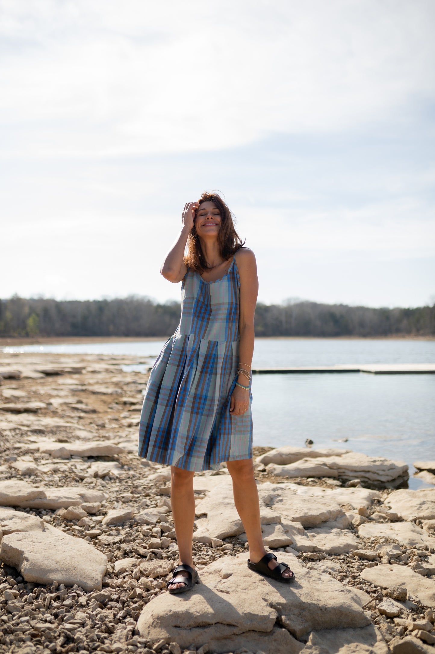 Katarina Handwoven Cotton Dress in Teal Plaid