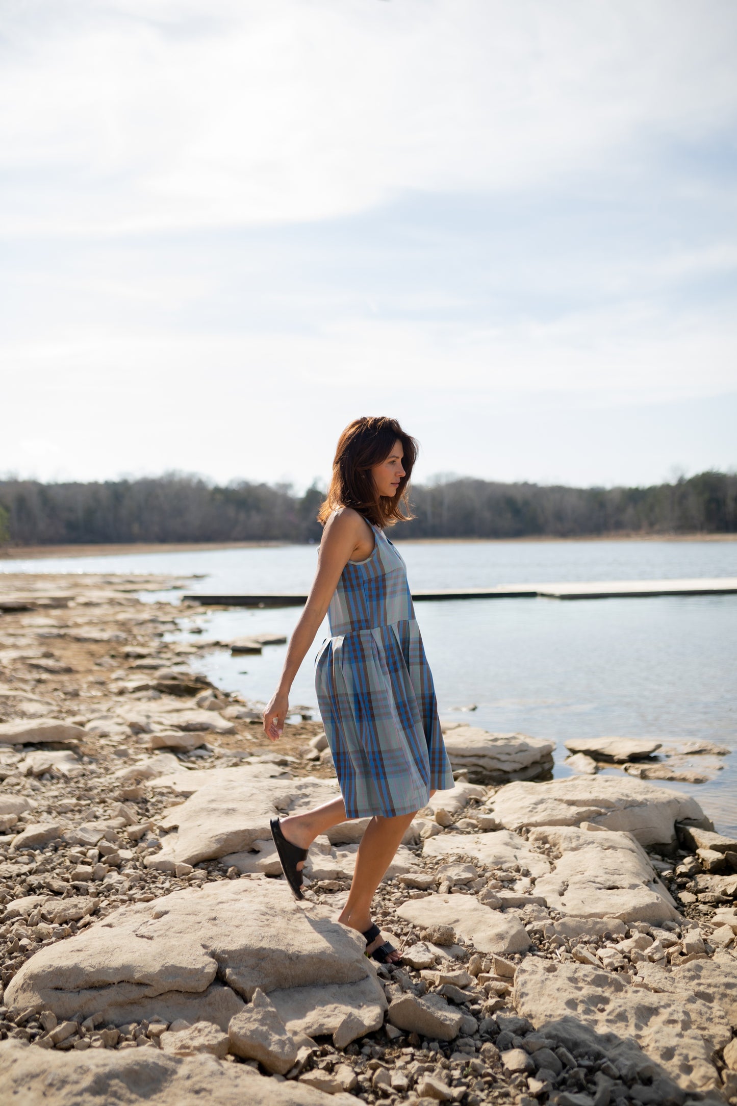Katarina Handwoven Cotton Dress in Teal Plaid