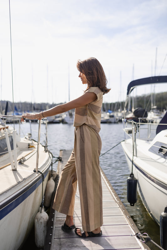 Katie Handwoven Cotton Set in Beige and Beige Stripe