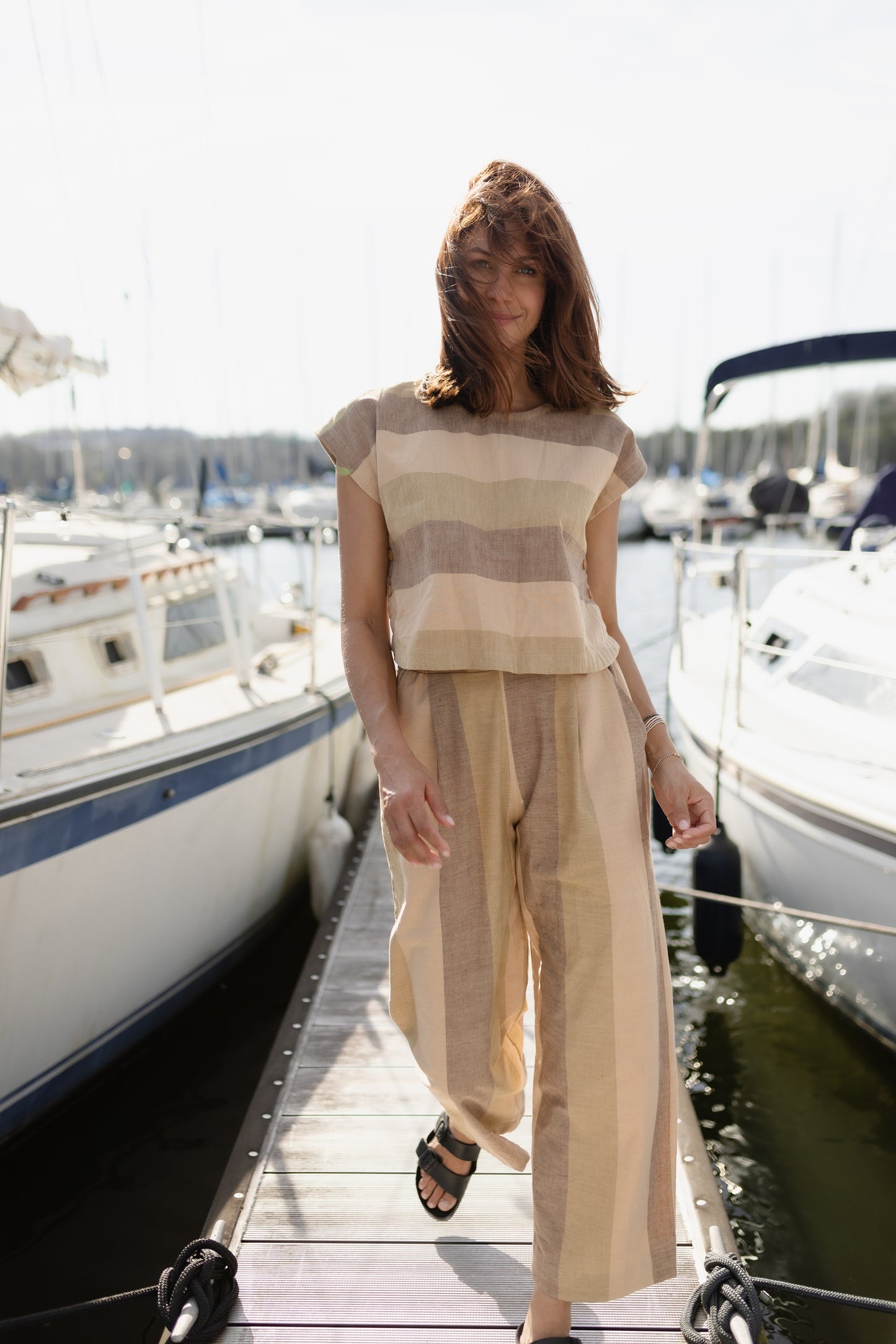 Katie Handwoven Cotton Set in Beige and Beige Stripe