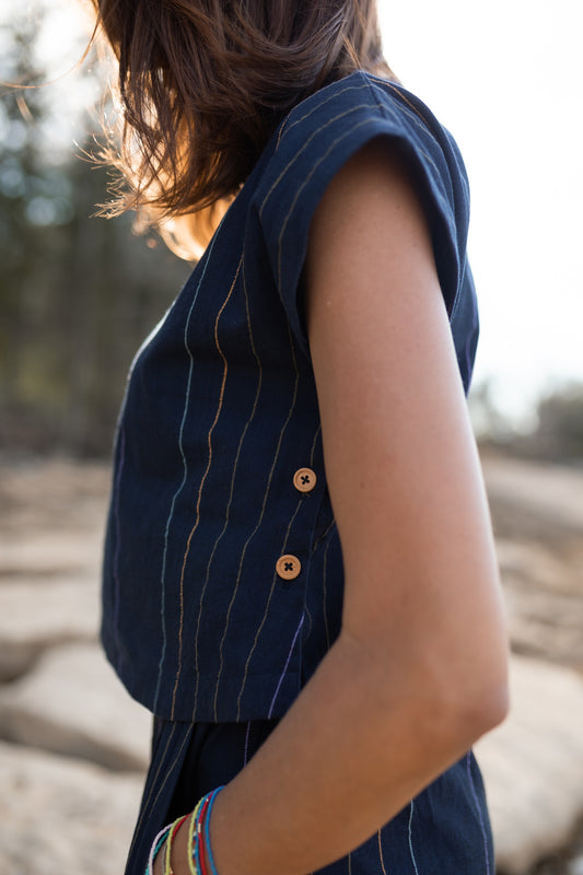 Katie Handwoven Cotton Set in Navy Pin Stripe Made to Order