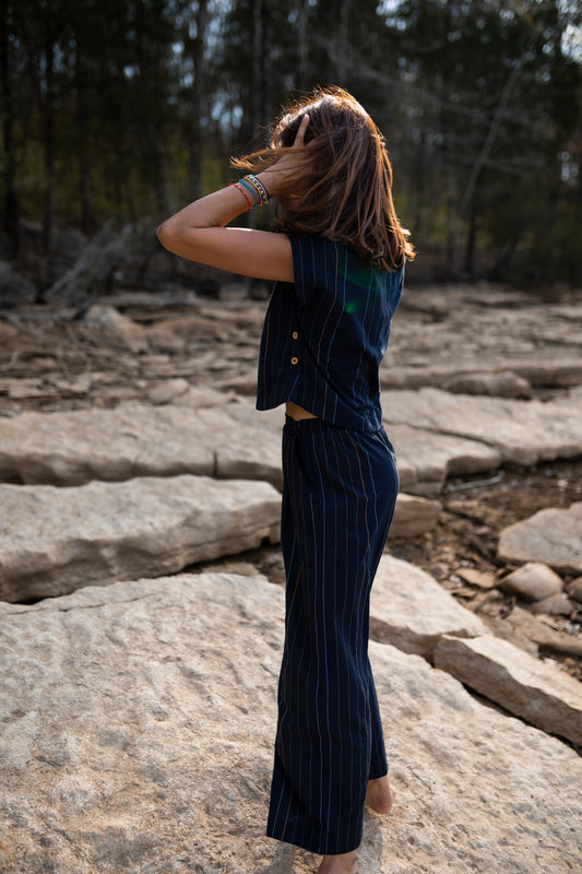 Katie Handwoven Cotton Set in Navy Pin Stripe Made to Order