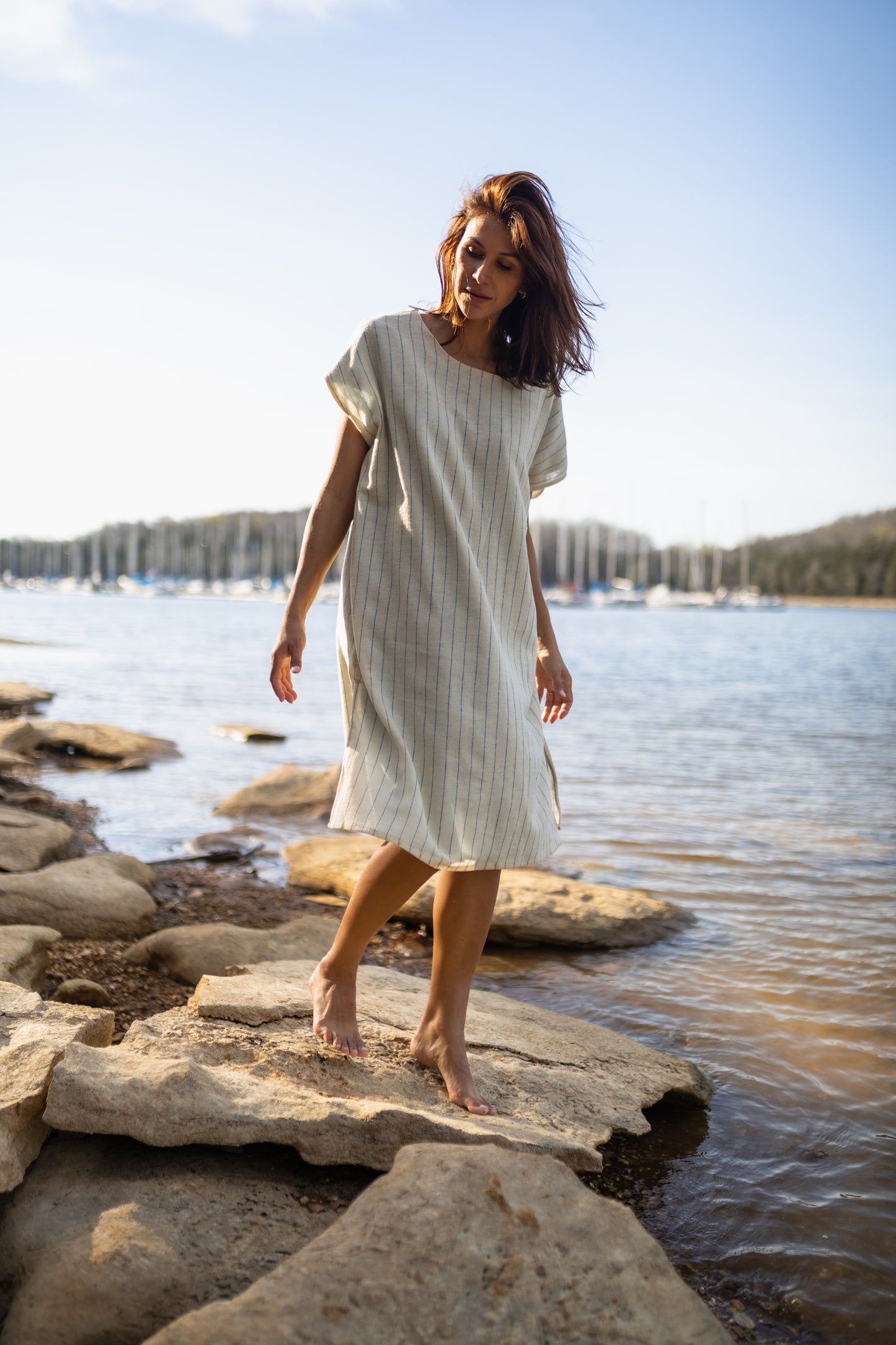 Lara Loose Weave Wool Shift Dress in Cream and Baby Blue Stripe Made to Order
