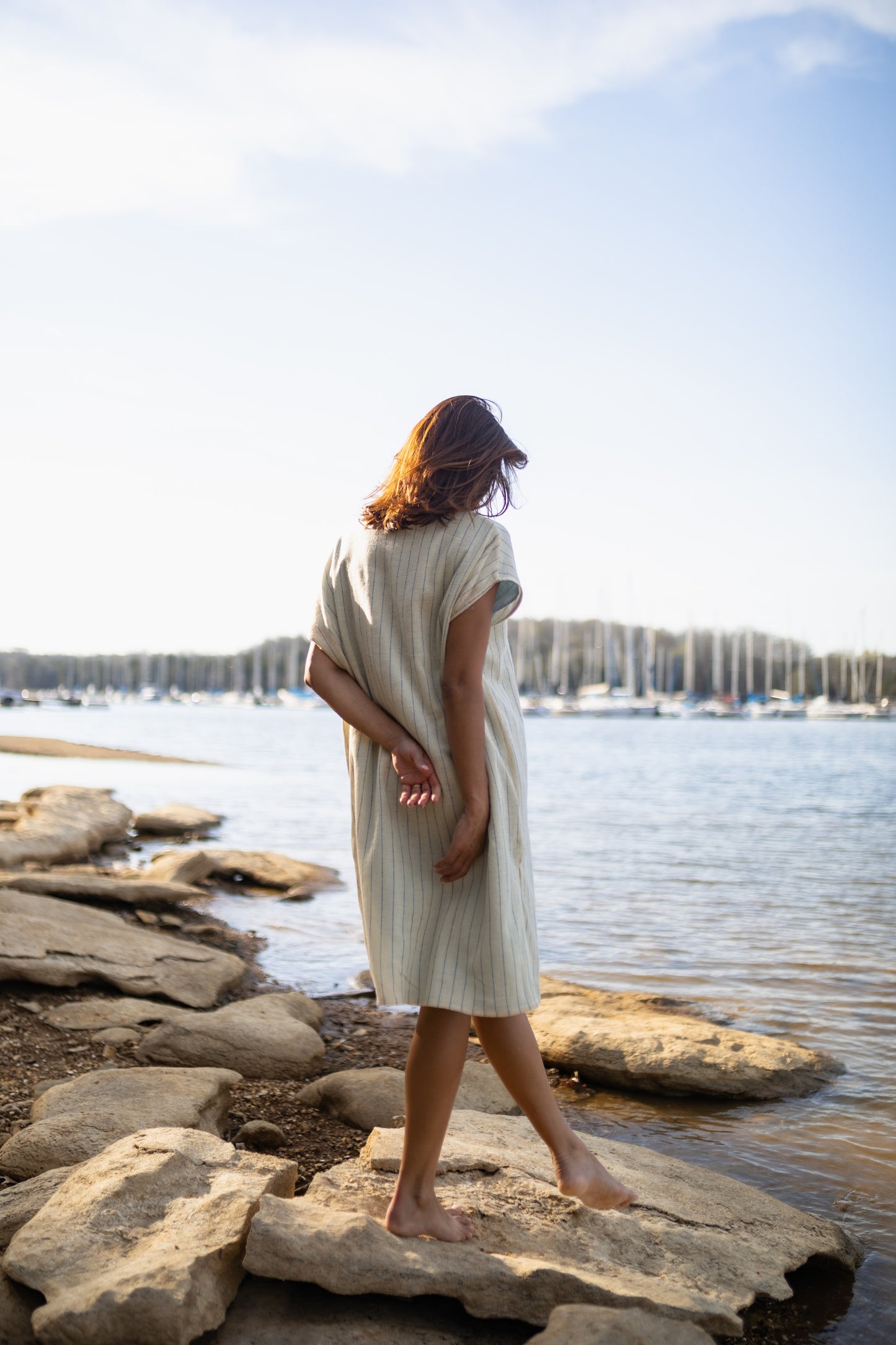 Lara Loose Weave Wool Shift Dress in Cream and Baby Blue Stripe Made to Order