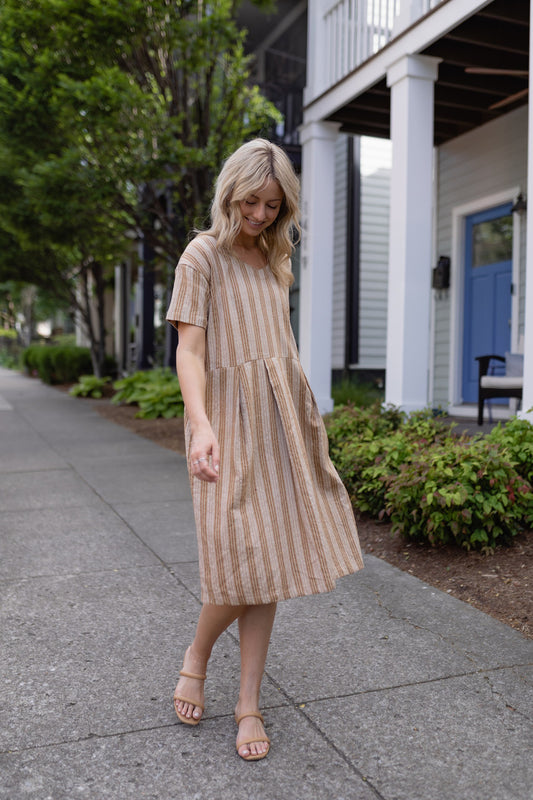 Eloise Handwoven Cotton Dress in Mustard and Cream