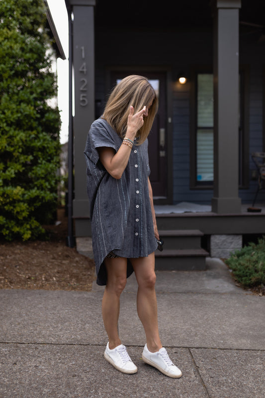Paige Handwoven Cotton Relaxed Shirt Dress in Midnight Chambray Made to Order