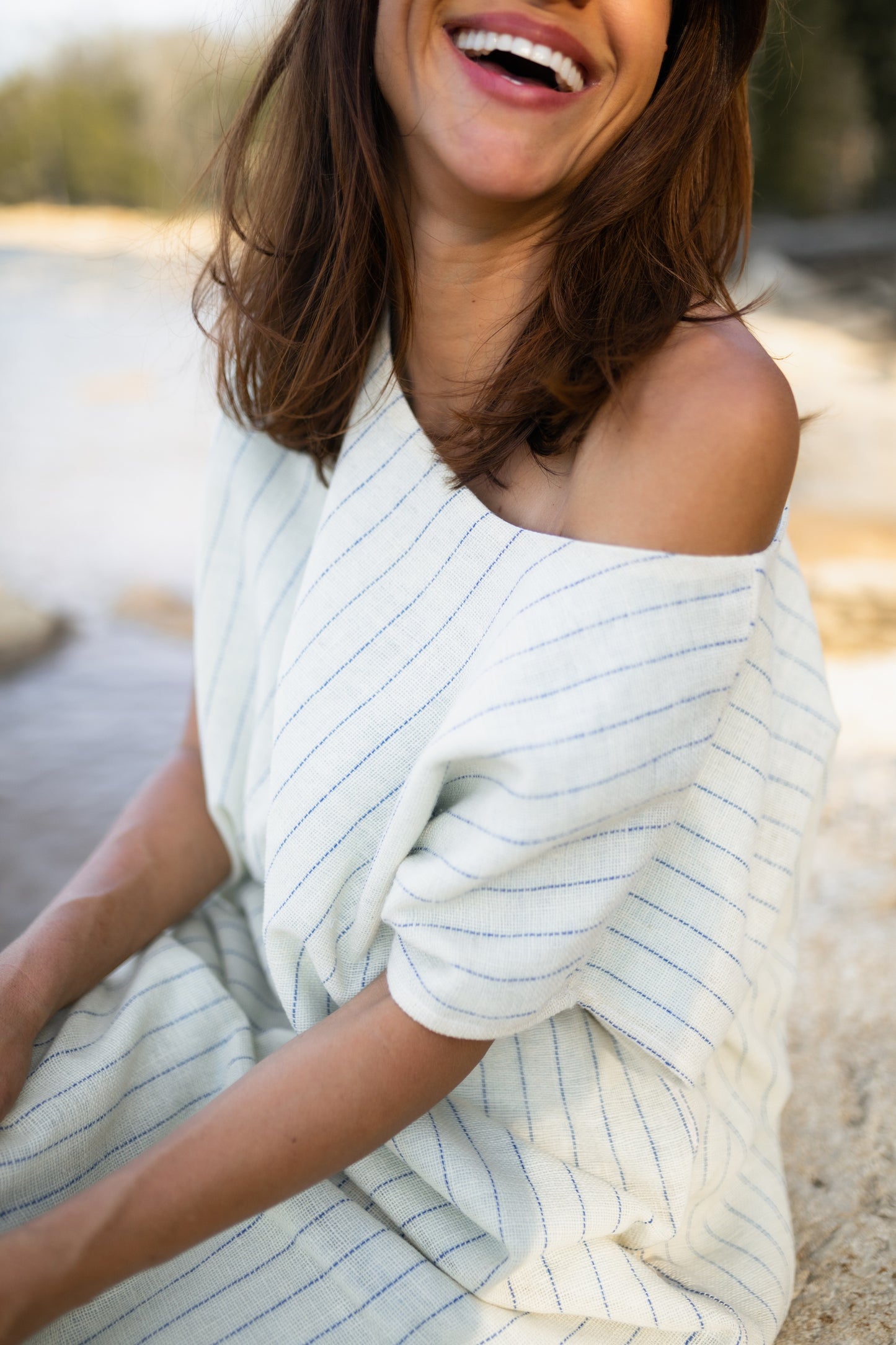 Lara Loose Weave Wool Shift Dress in Cream and Baby Blue Stripe Made to Order