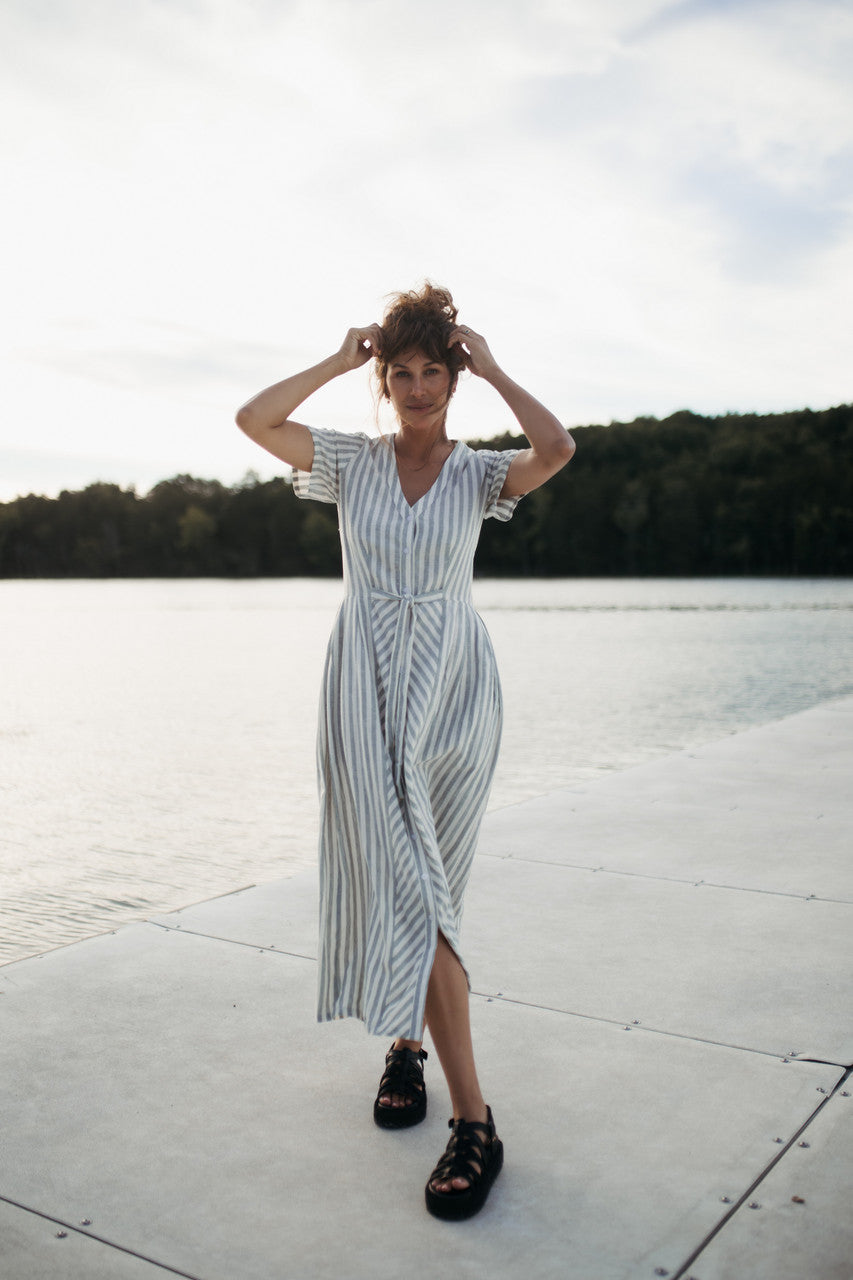 June Dress in Green and White Stripe Linen - Pre-Order 2/30