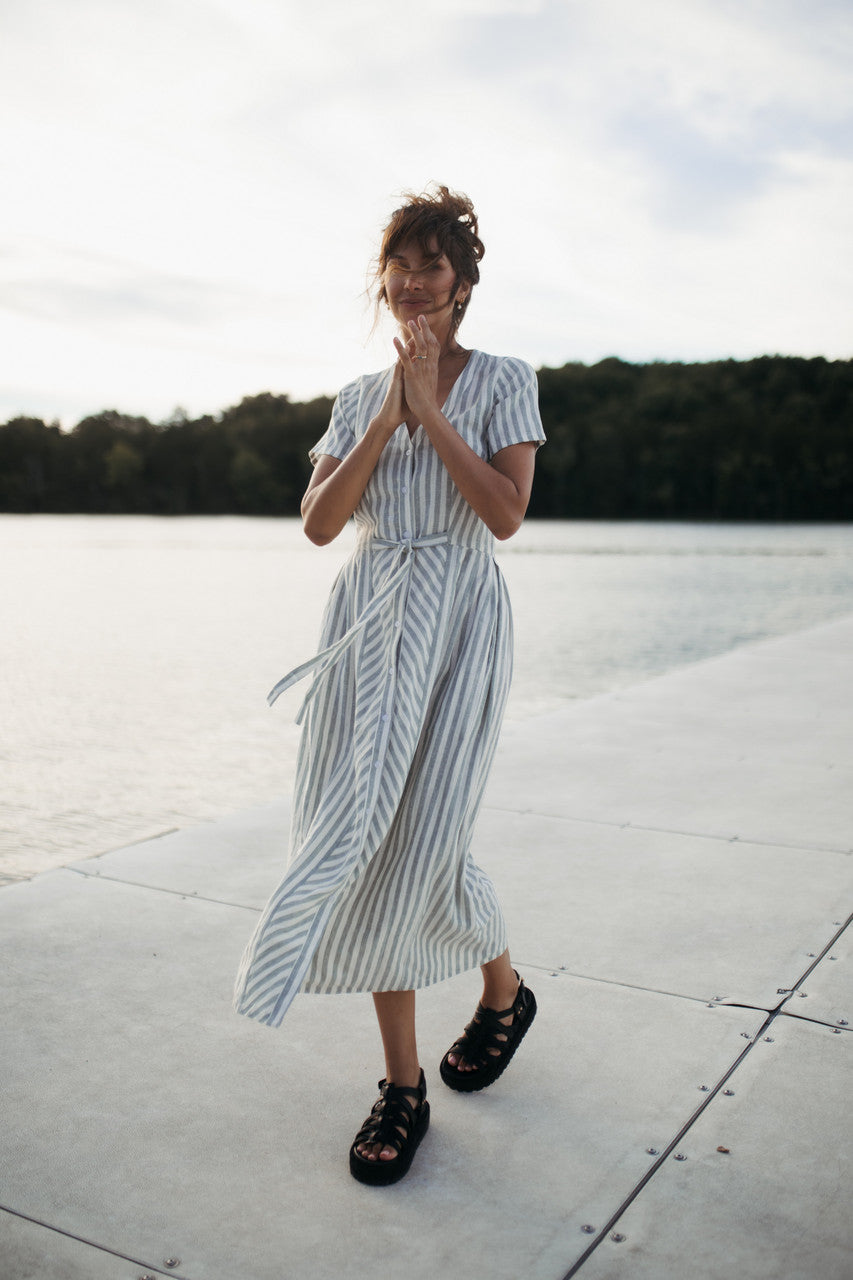 June Dress in Green and White Stripe Linen - Pre-Order 2/30