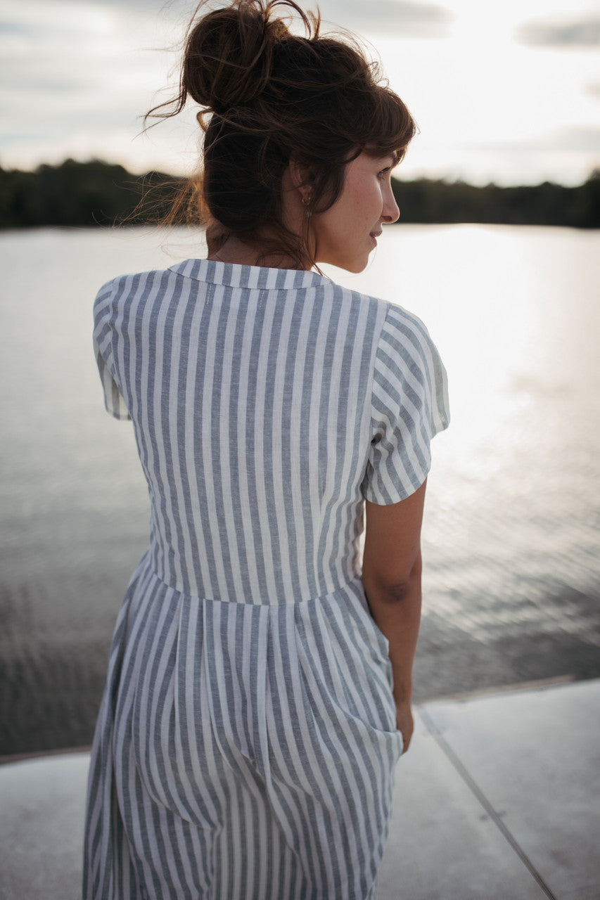 June Dress in Green and White Stripe Linen - Pre-Order 2/30