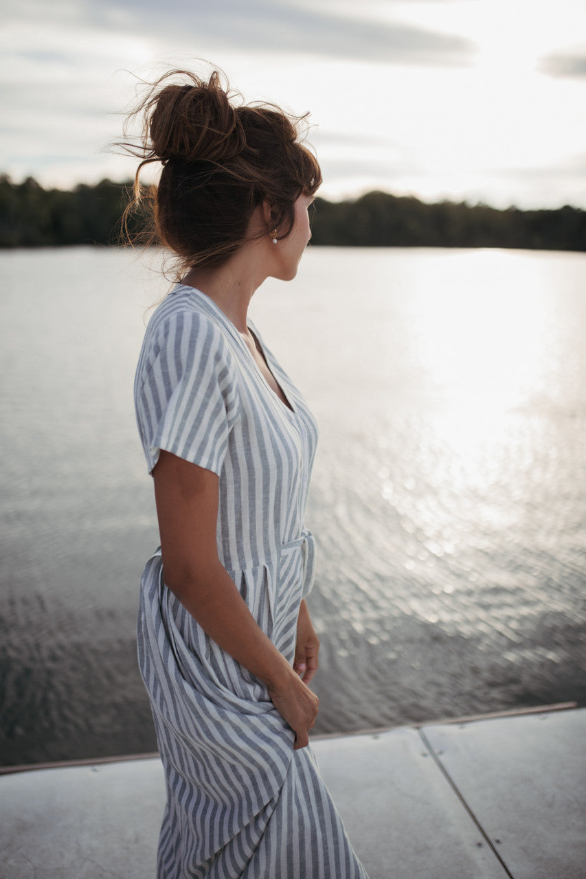 June Dress in Green and White Stripe Linen - Pre-Order 2/30