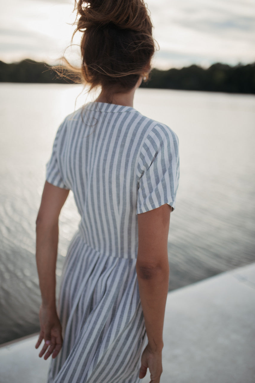 June Dress in Green and White Stripe Linen - Pre-Order 2/30