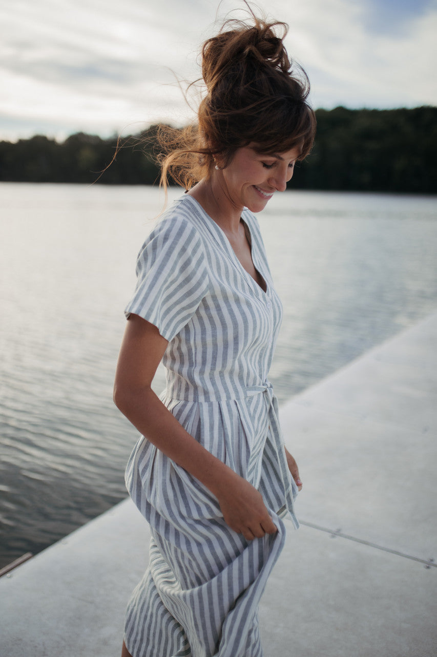 June Dress in Green and White Stripe Linen - Pre-Order 2/30