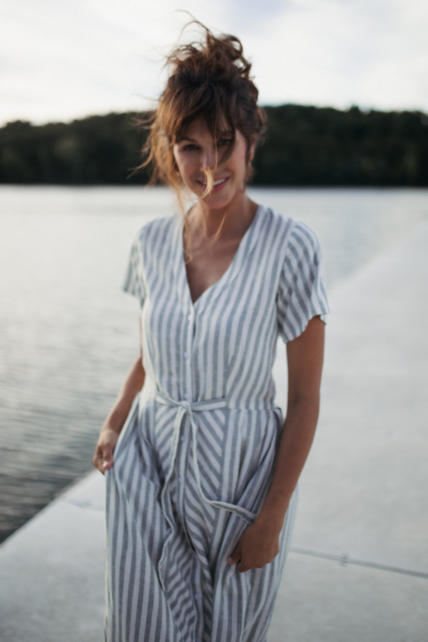 June Dress in Green and White Stripe Linen - Pre-Order 2/30