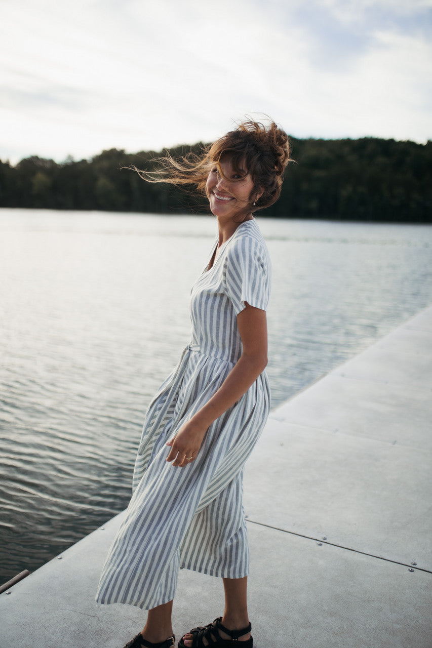 June Dress in Green and White Stripe Linen - Pre-Order 2/30