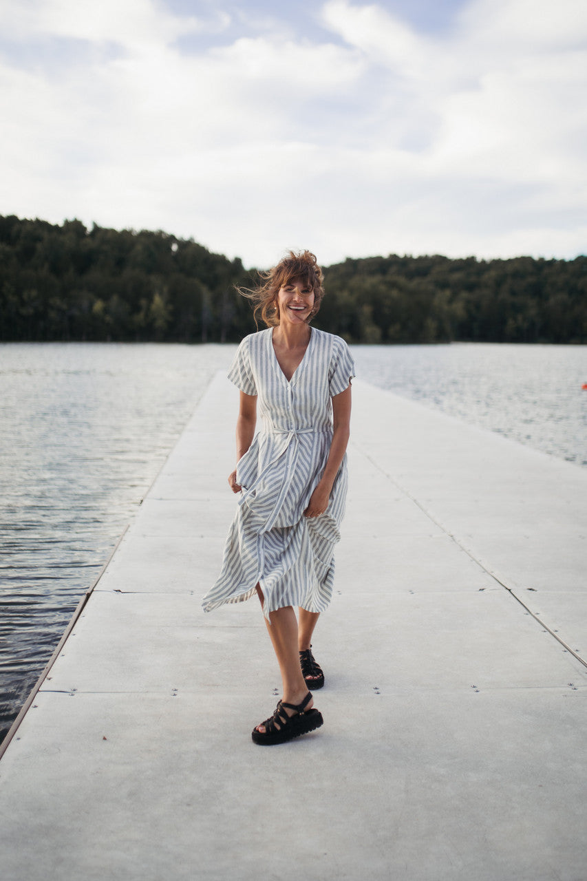 June Dress in Green and White Stripe Linen - Pre-Order 2/30