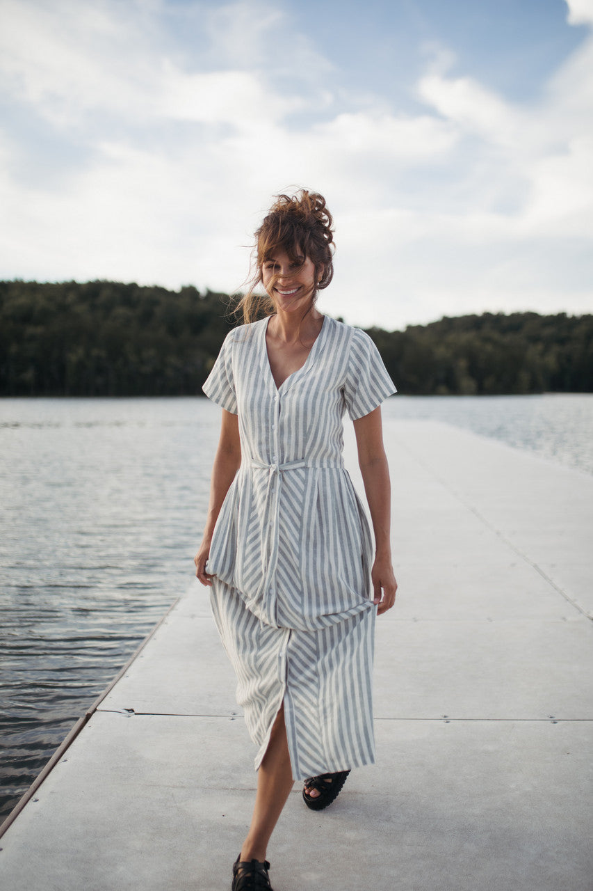 June Dress in Green and White Stripe Linen - Pre-Order 2/30