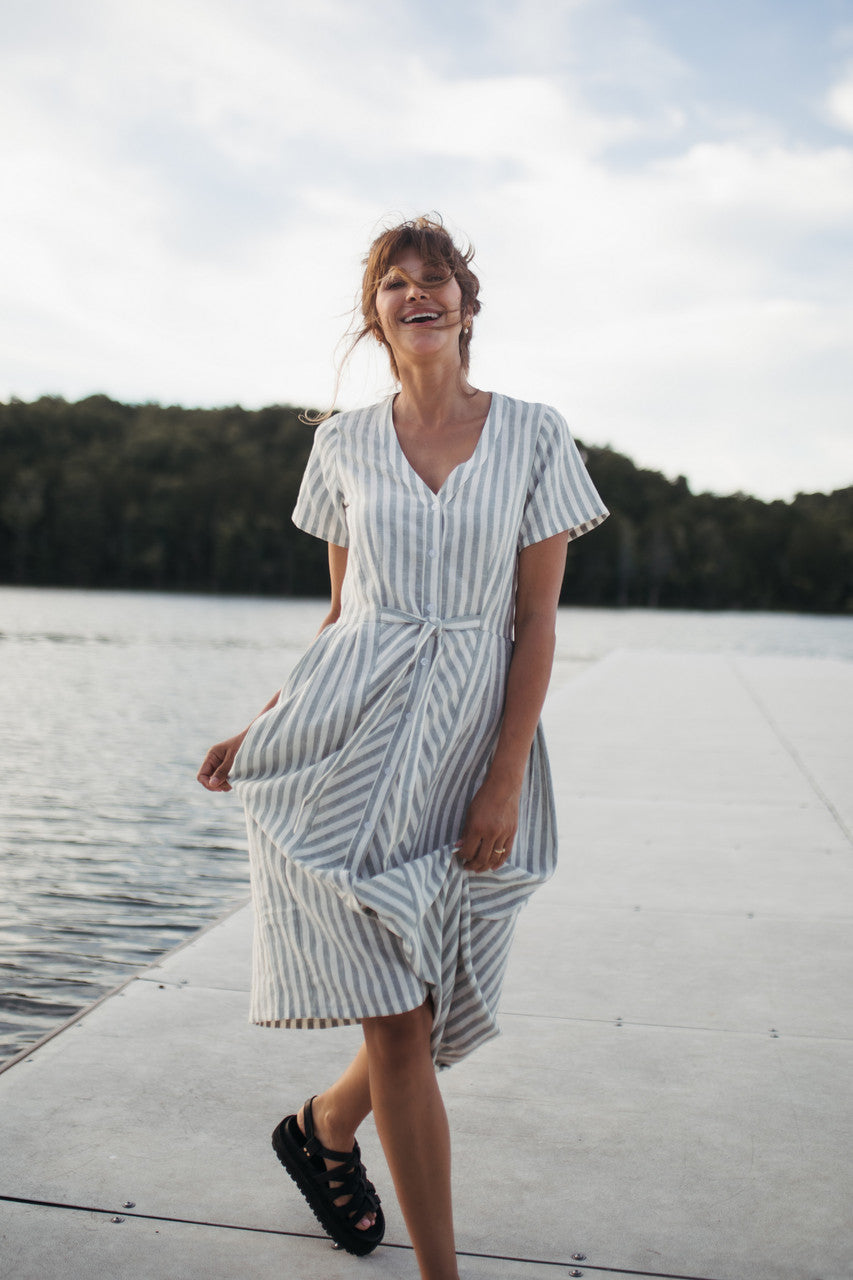 June Dress in Green and White Stripe Linen - Pre-Order 2/30