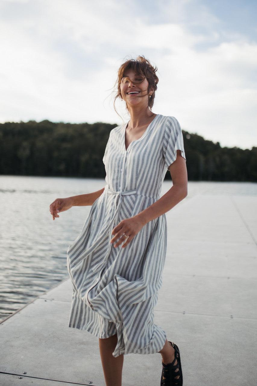 June Dress in Green and White Stripe Linen - Pre-Order 2/30