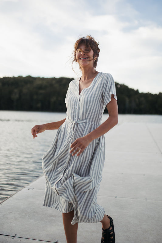 June Dress in Green and White Stripe Linen