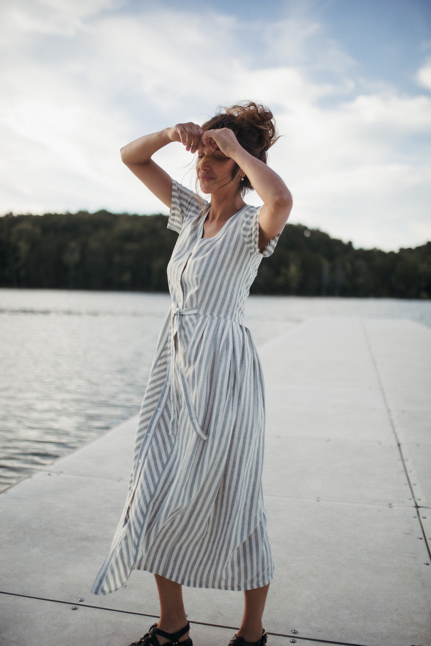 June Dress in Green and White Stripe Linen - Pre-Order 2/30