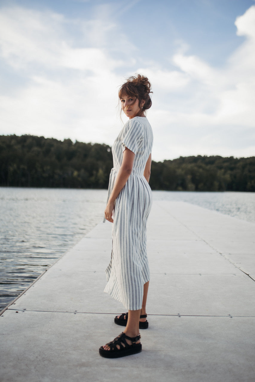 June Dress in Green and White Stripe Linen - Pre-Order 2/30