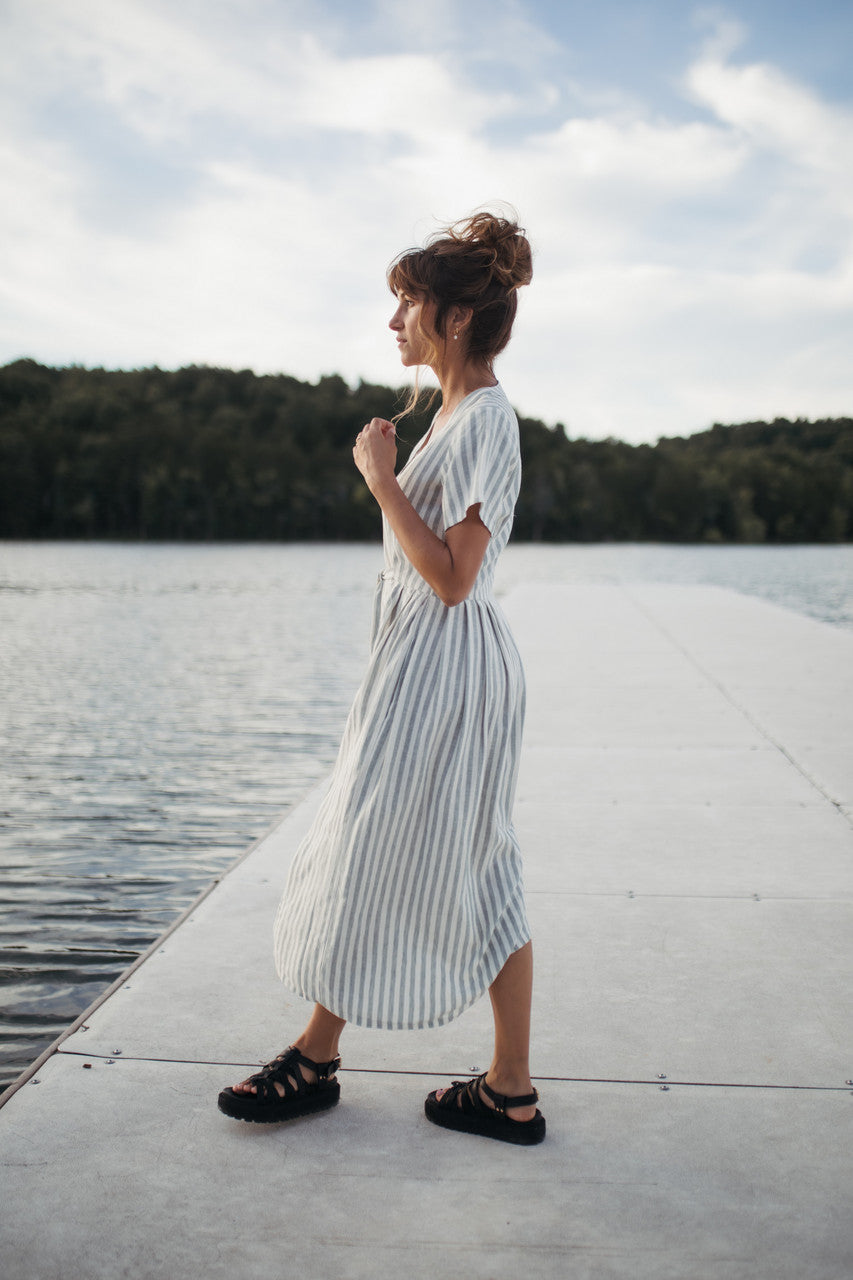 June Dress in Green and White Stripe Linen - Pre-Order 2/30